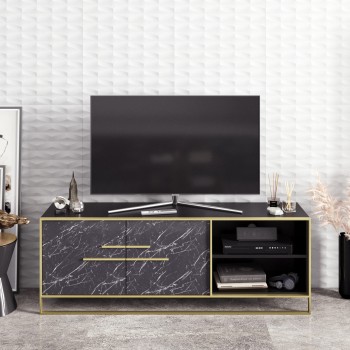 Mueble de TV SIENA, biIaminado mármol negro con metal dorado, 160 cms. 2