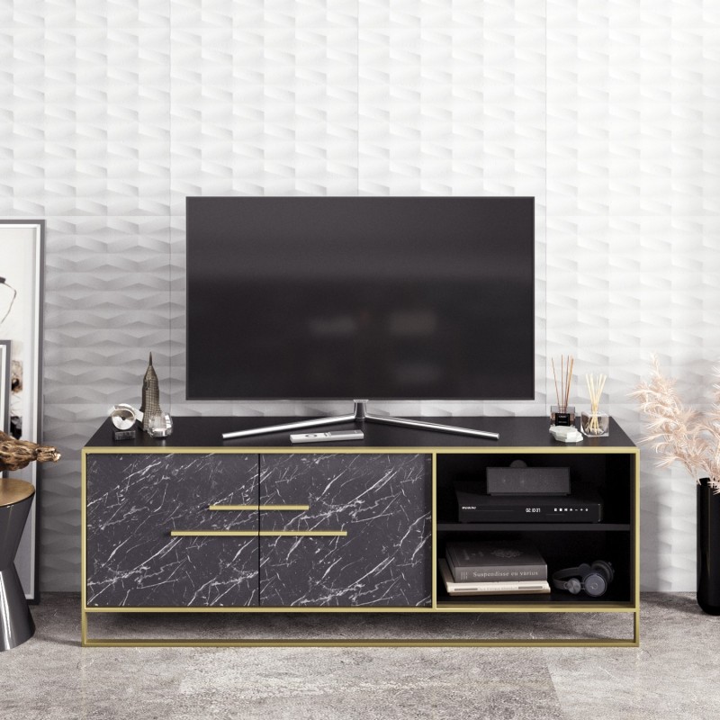 Mueble de TV SIENA, biIaminado mármol negro con metal dorado, 160 cms.-0