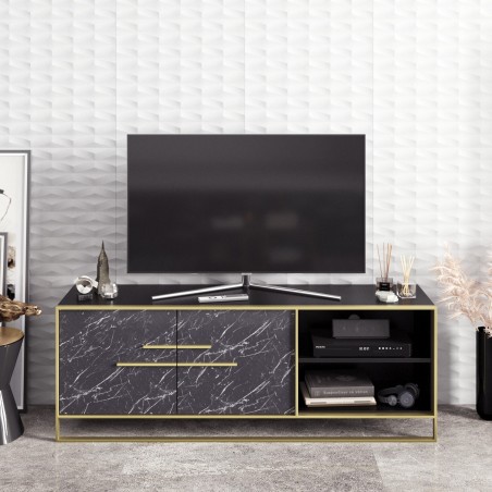 Mueble de TV SIENA, biIaminado mármol negro con metal dorado, 160 cms.-0