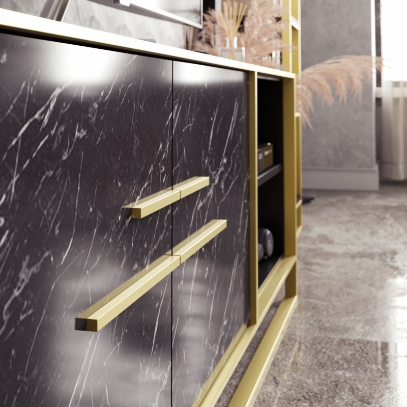 Mueble de TV SIENA, biIaminado mármol negro con metal dorado, 160 cms.-1