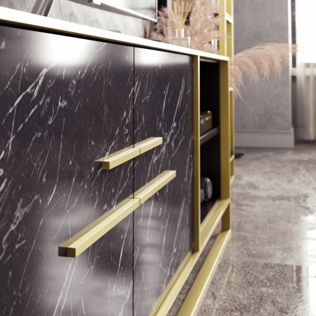 Mueble de TV SIENA, biIaminado mármol negro con metal dorado, 160 cms.-1