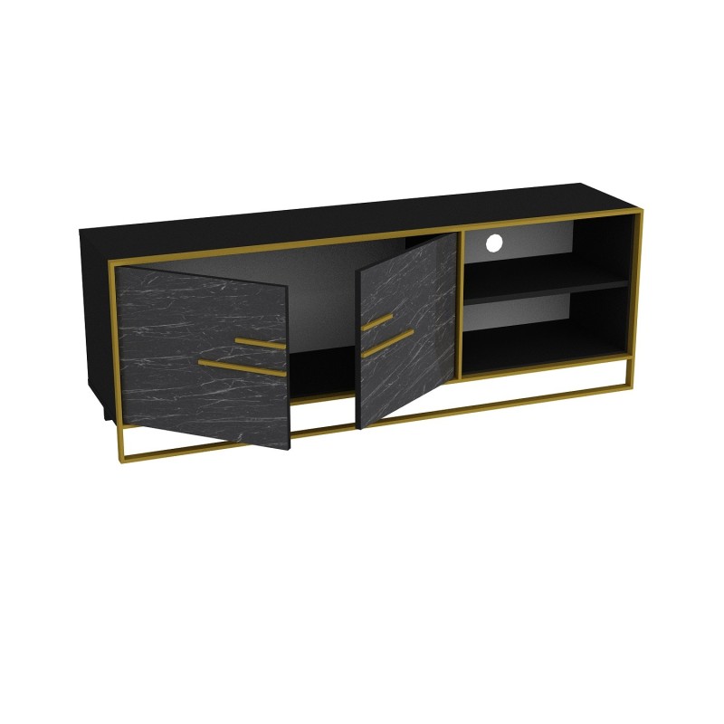 Mueble de TV SIENA, biIaminado mármol negro con metal dorado, 160 cms.-2