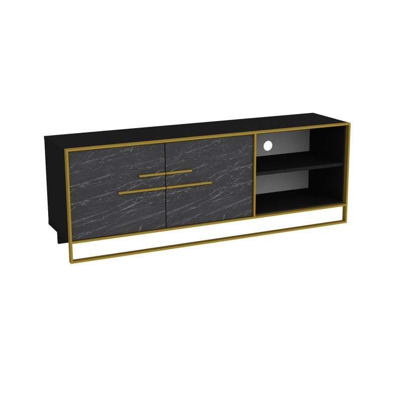 Mueble de TV SIENA, biIaminado mármol negro con metal dorado, 160 cms.-3