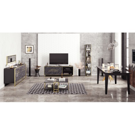 Mueble de TV SIENA, biIaminado mármol negro con metal dorado, 160 cms.-4