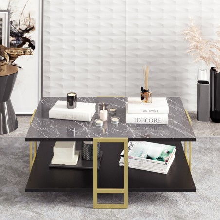 Mesa baja SIENA, biIaminado mármol negro, con metal dorado 91,5 cms.-0