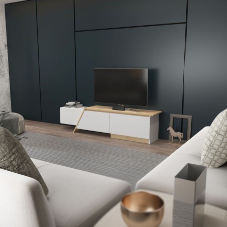 Mueble de TV PRUDENCE, biIaminado blanco con roble, 180 cms.-0
