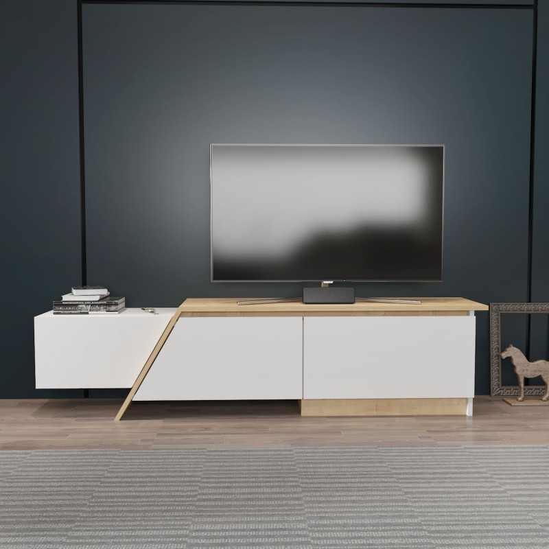 Mueble de TV PRUDENCE, biIaminado blanco con roble, 180 cms.-1
