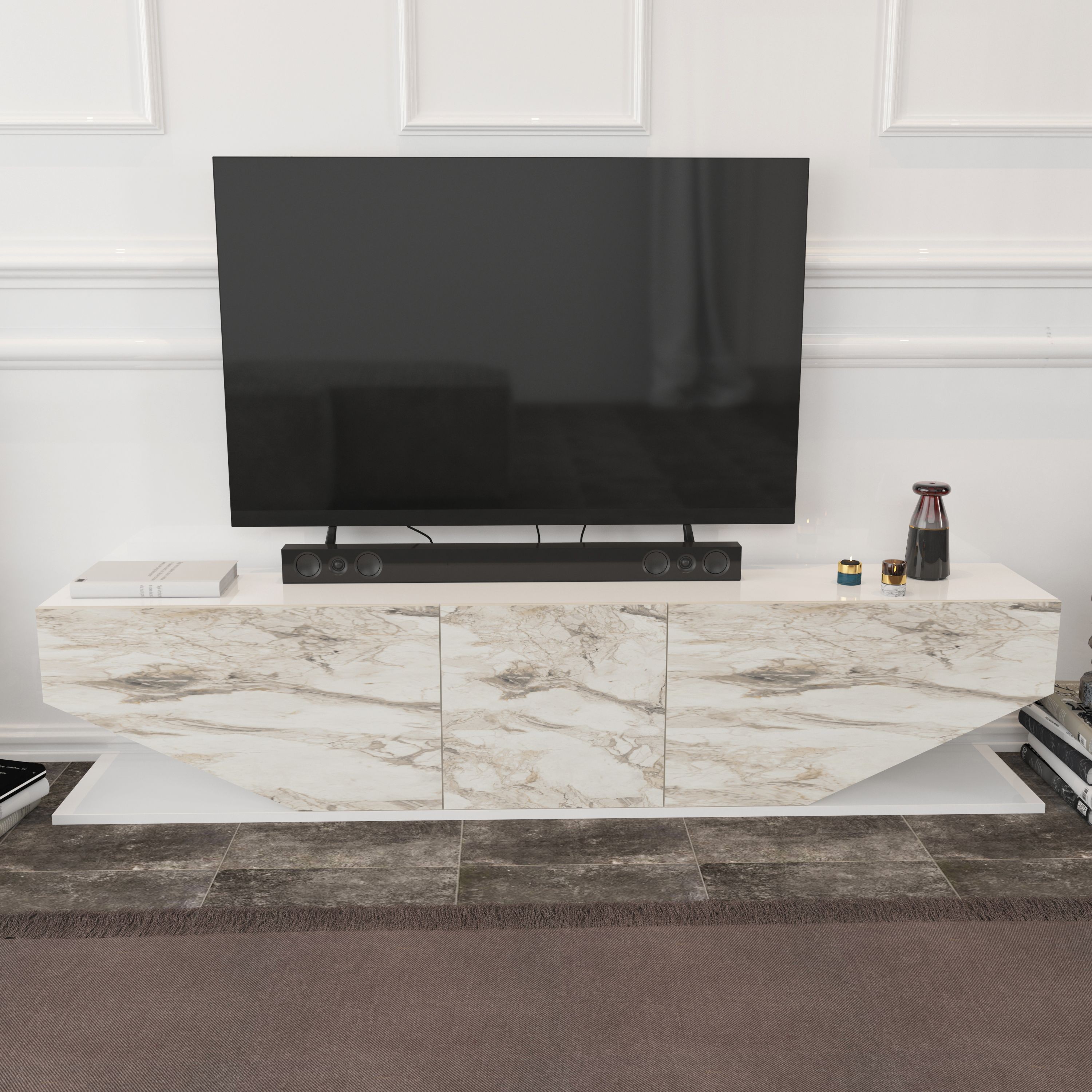 Mueble de TV VIOLET, bilaminado mármol blanco, 180 cms.