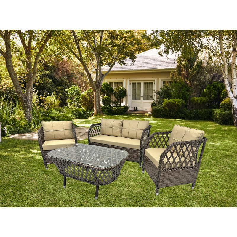 Set MARBELLA, 2 Sillones + Sofá 2 plazas + mesa, aluminio, ratán chocolate, cojines incluidos-0