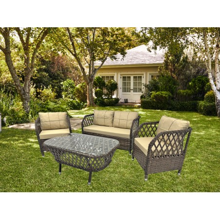 Set MARBELLA, 2 Sillones + Sofá 2 plazas + mesa, aluminio, ratán chocolate, cojines incluidos-0
