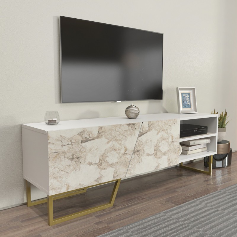 Mueble de TV MARCUS, biIaminado mármol blanco, 150 cms.-0