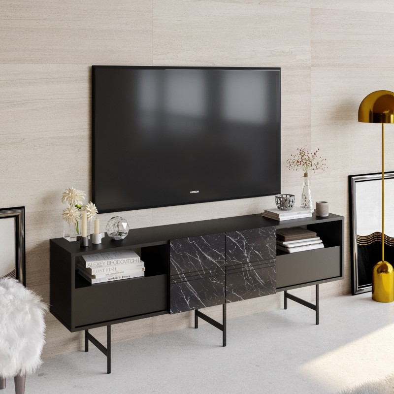 Mueble de TV SIMON, biIaminado mármol negro, 180 cms.-0