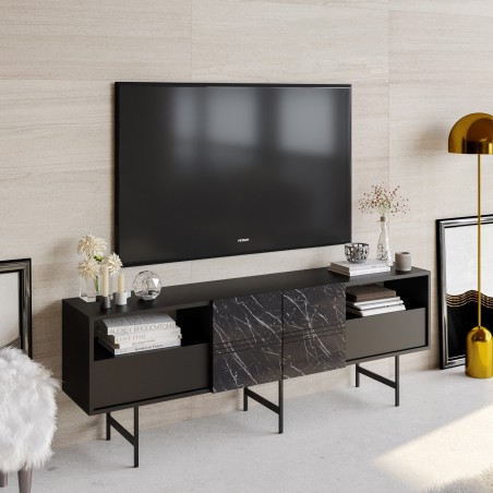 Mueble de TV SIMON, biIaminado mármol negro, 180 cms.-0