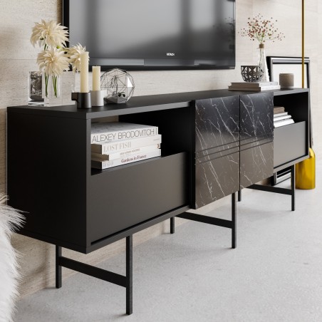 Mueble de TV SIMON, biIaminado mármol negro, 180 cms.-1