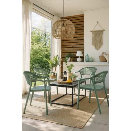 Sillón IBIZA, apilable, tratamiento anti UV, polipropileno y cuerda verde claro-0