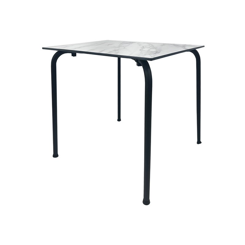 Mesa FERAY, apilable, epoxi color negro, tablero fenólico mármol blanco 69 x 69 cms.