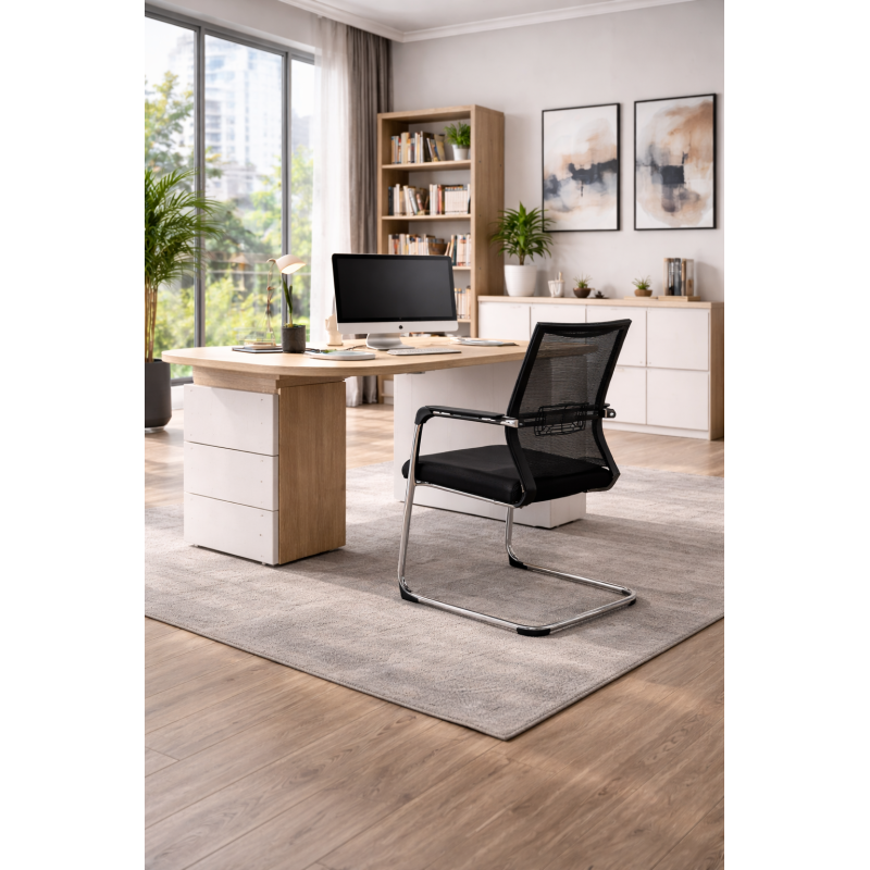 Sillón de oficina FLERS, fijo de patín, cromado, malla negra-4