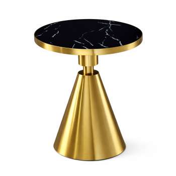 Mesa JASSY NE, baja, dorada, tapa cerámica mármol negro, 50 cms de diámetro
