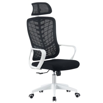 Sillón de oficina MELLAC, alto, blanco, malla y asiento negro
