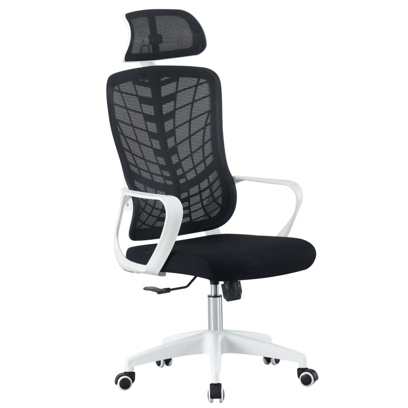 Sillón de oficina MELLAC, alto, blanco, malla y asiento negro