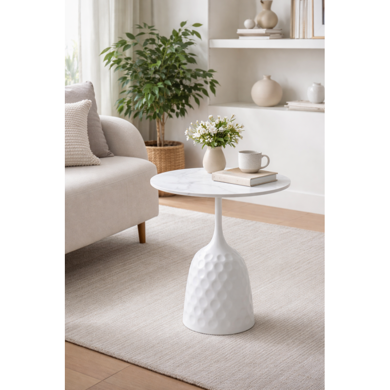 Mesa CAVEZZO, baja, blanca, tapa cerámica mármol blanco, 50 cms de diámetro-2
