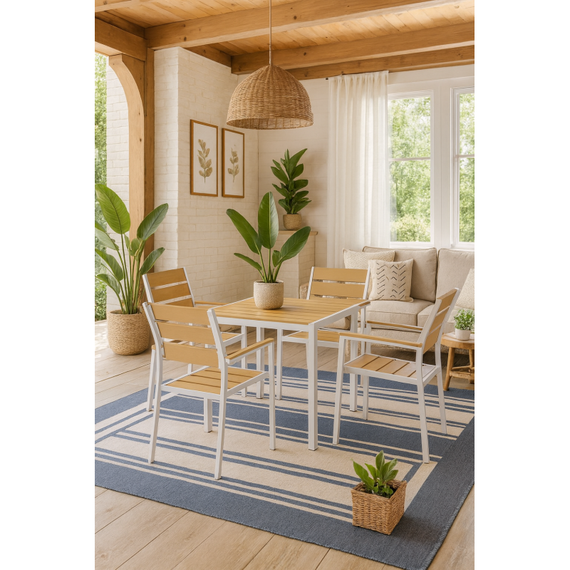 Mesa GARIBALDI, metal blanco, tablero polywood amarillo, 80 x 80 cms.-0