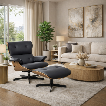 Butaca con ottoman AMERICA, madera, metal, similpiel negra 2