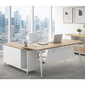 Mesa de oficina AREZZO 180, con mueble auxiliar, blanco y roble, 180 x 176,5 cms