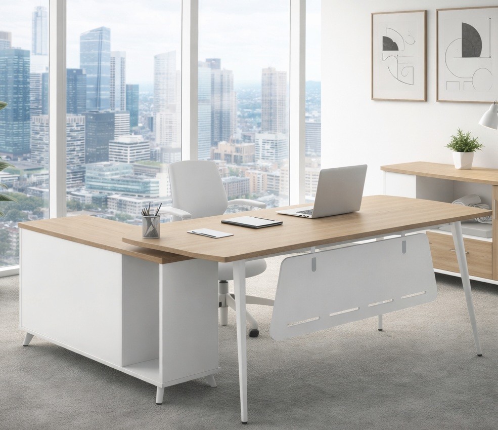 Mesa de oficina AREZZO 160, con mueble auxiliar, blanco y roble, 160 x 174 cms