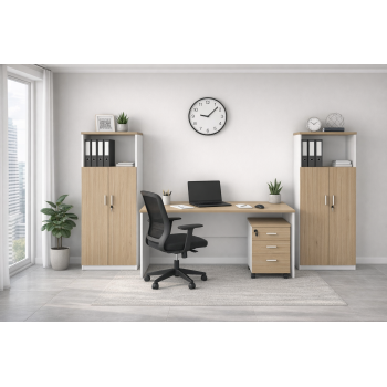 Mesa de oficina VOLPI 160, blanco y roble, 160 x 80 cms