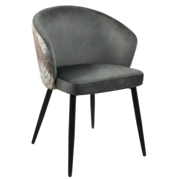 Silla LYDIA, metal, tapizado velvet gris con respaldo floral a juego