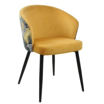 Silla LYDIA, metal, tapizado velvet amarillo con respaldo floral a juego