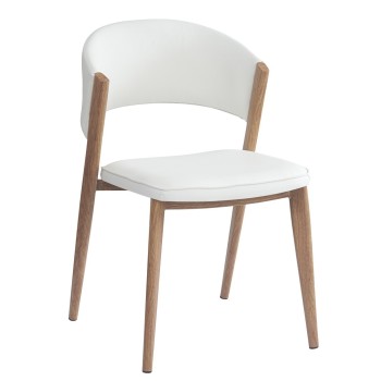 Silla CALABRIA, metal acabado de color madera, similpiel blanca