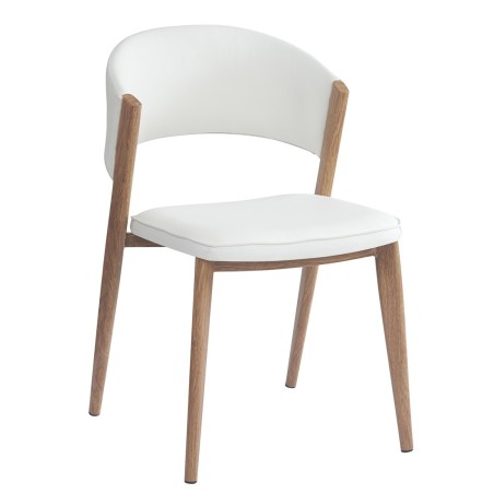 Silla CALABRIA, metal acabado de color madera, similpiel blanca