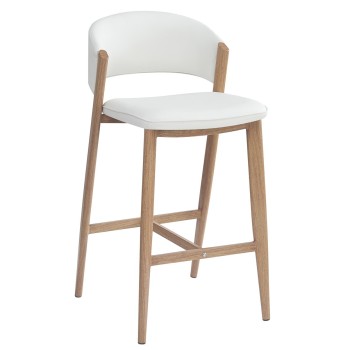 Taburete CALABRIA, metal acabado de color madera, similpiel blanca
