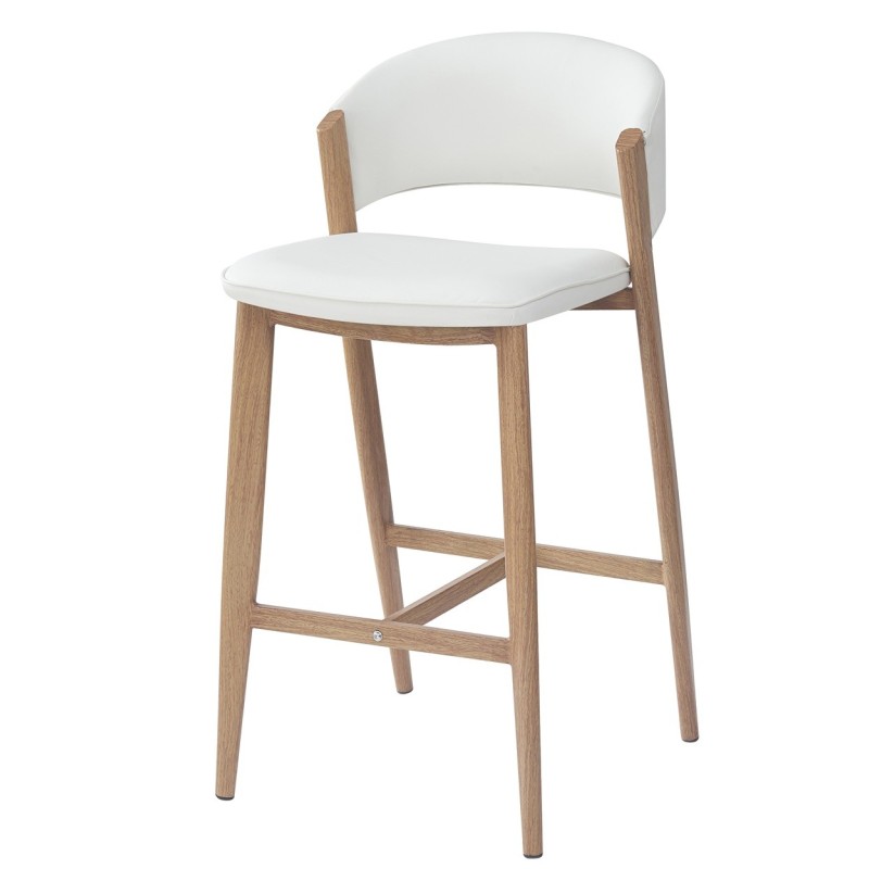 Taburete CALABRIA, metal acabado de color madera, similpiel blanca-1