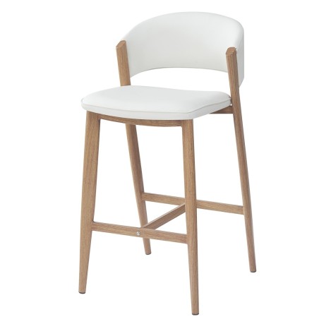 Taburete CALABRIA, metal acabado de color madera, similpiel blanca-1