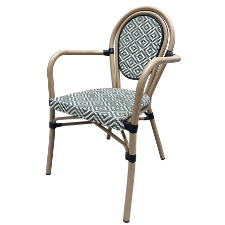 Sillón TARAMAY, apilable, aluminio, mesh crema y verde