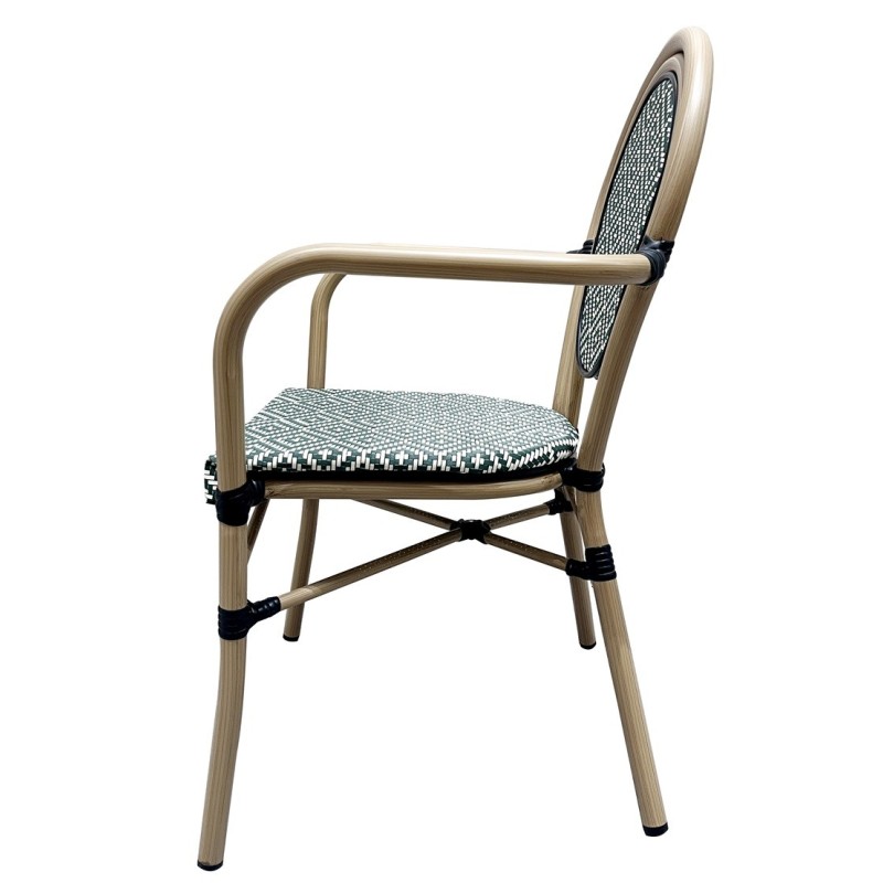 Sillón TARAMAY, apilable, aluminio, mesh crema y verde-1