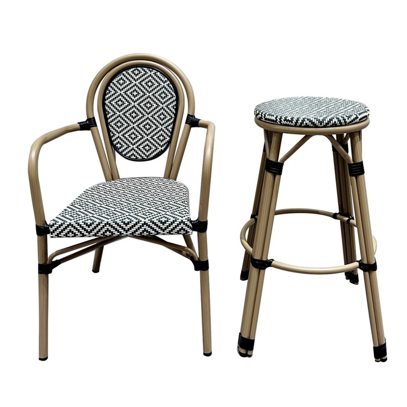 Sillón TARAMAY, apilable, aluminio, mesh crema y verde-3