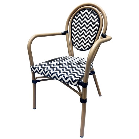 Sillón TARAMAY, apilable, aluminio, mesh blanco y negro