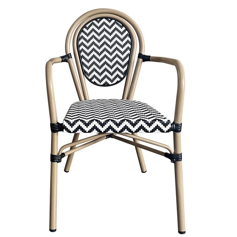 Sillón TARAMAY, apilable, aluminio, mesh blanco y negro-1