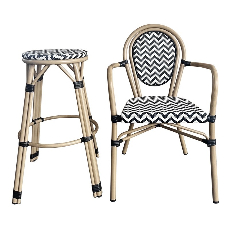 Taburete TARAMAY, apilable, aluminio, mesh blanco y negro-0