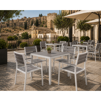 Sillón GARIBALDI, apilable, metal blanco, polywood gris 2