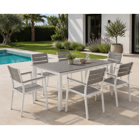 Cadeirão GARIBALDI, empilhável, metal branco, polywood cinza