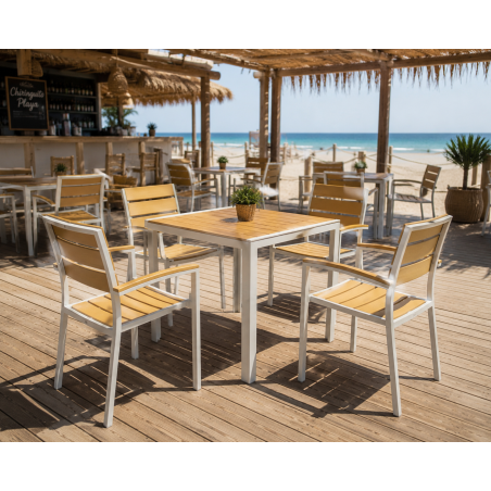 GARIBALDI table, white metal, yellow polywood table top, 80 x 80 cms