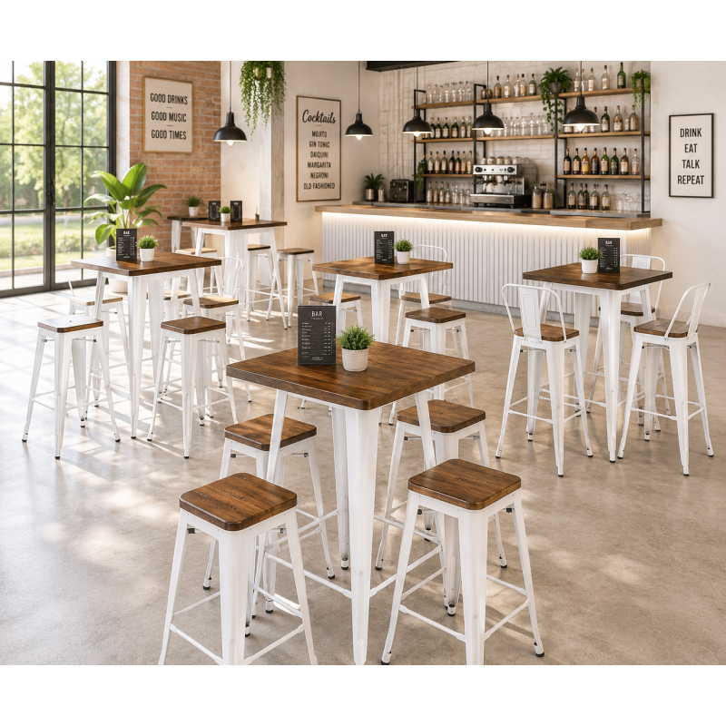 TOL R1 EK WOOD bar stool, steel, white color, wooden seat