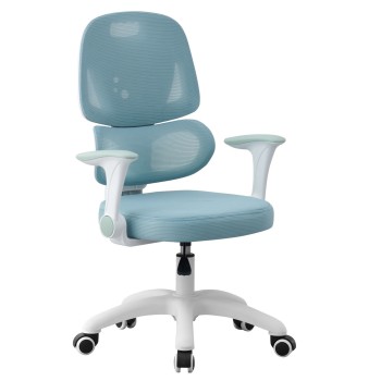 Silla de estudio CHAMONIX, blanca, brazos, ergonómica, regulación de altura, tejido mesh azul