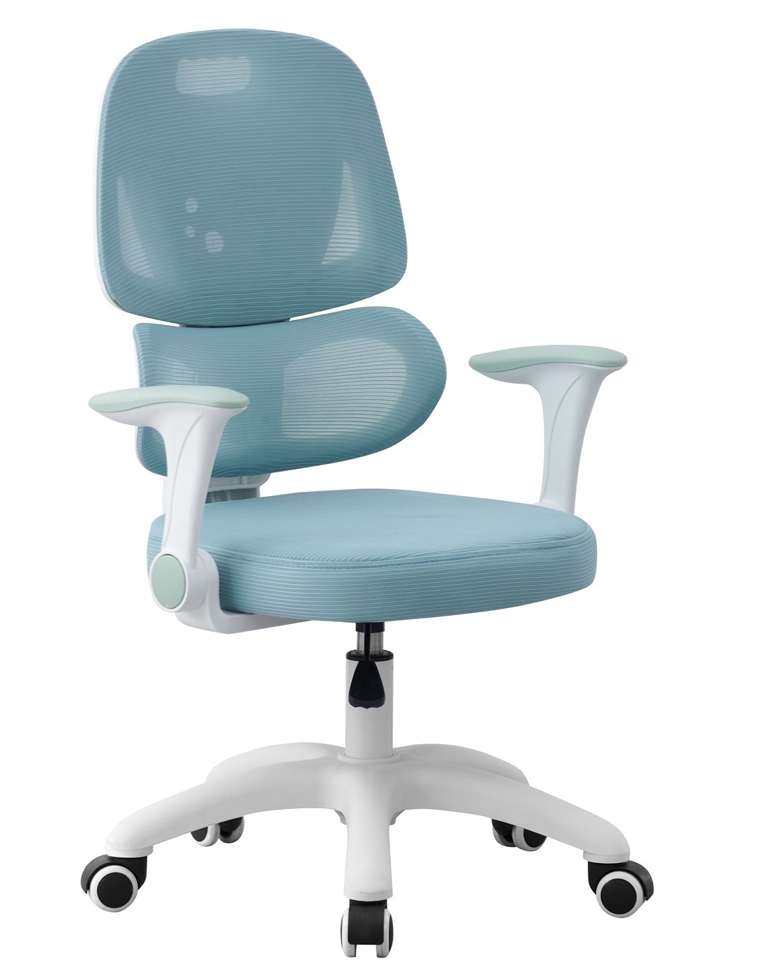 Silla de estudio CHAMONIX, blanca, brazos, ergonómica, regulación de altura, tejido mesh azul