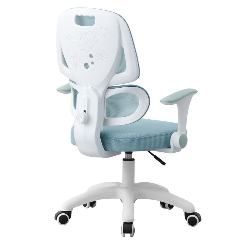 Silla de estudio CHAMONIX, blanca, brazos, ergonómica, regulación de altura, malla y asiento azul